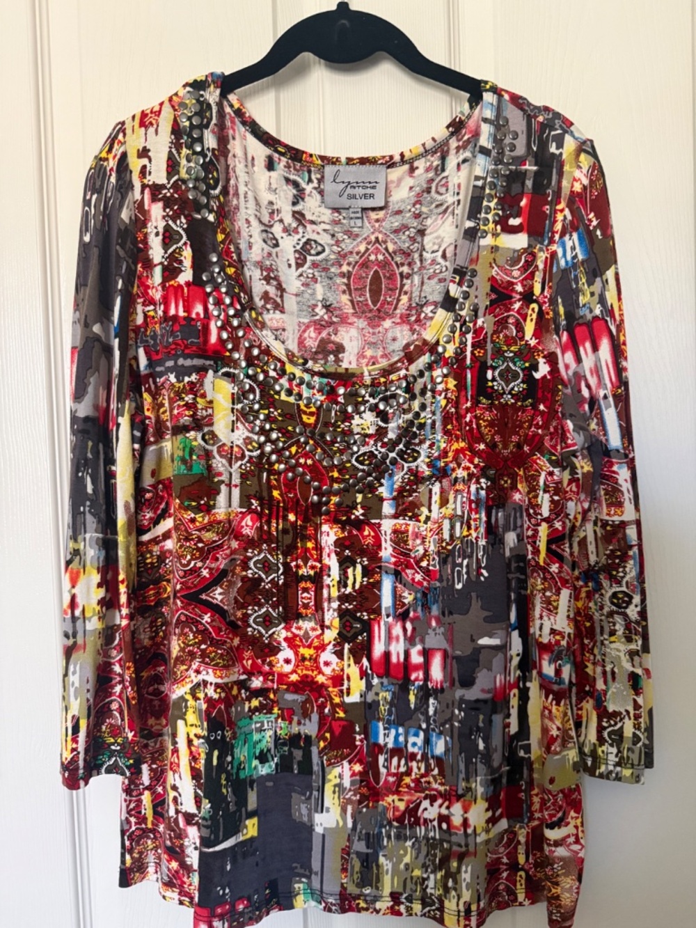 Lynn Ritche Silver Sz L Multi colored studded top. 3/4 sleeve